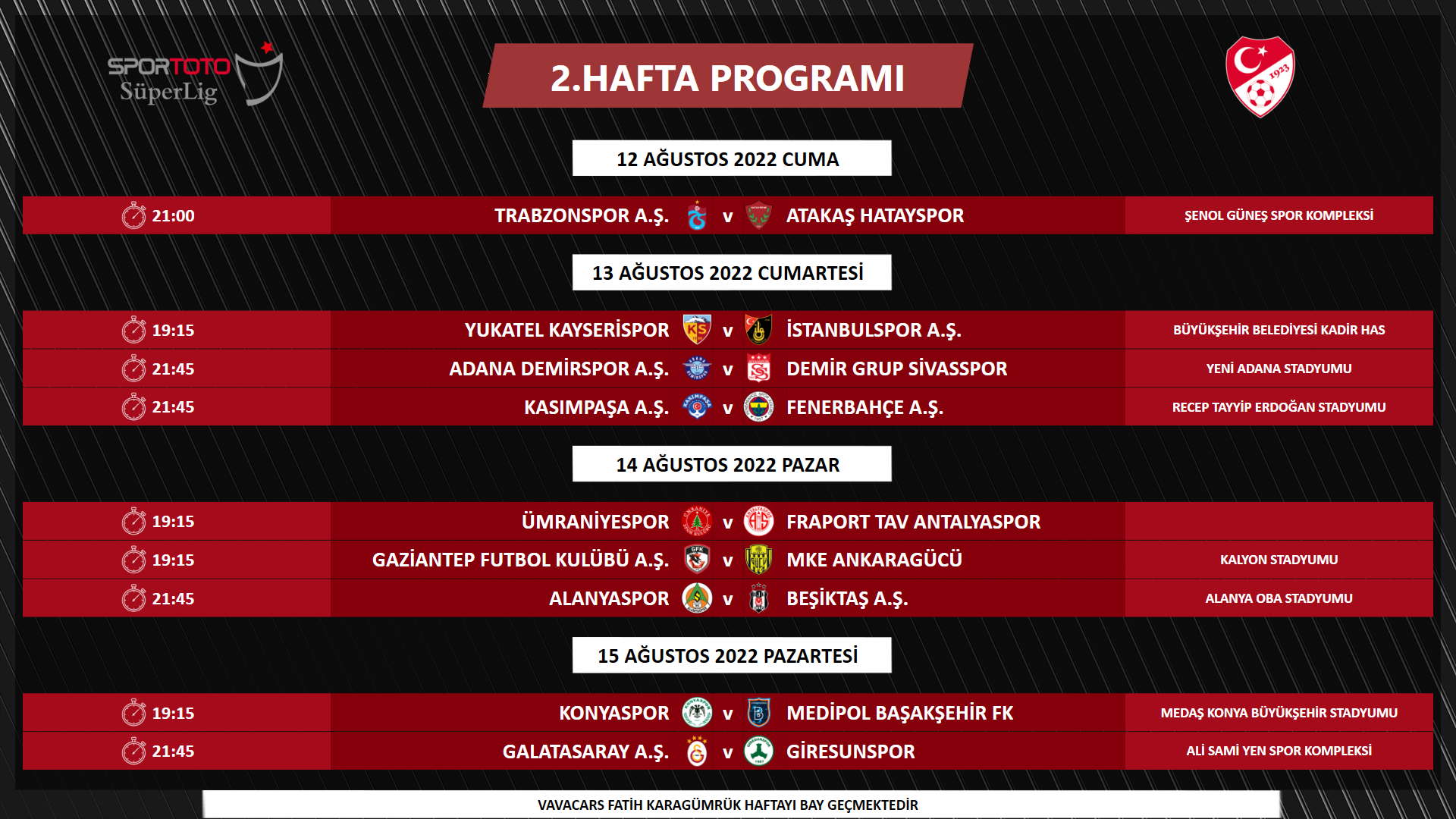 Spor Toto Süper Lig 1 ve 2. hafta programı açıklandı Arama Sonuç Sayfası TFF